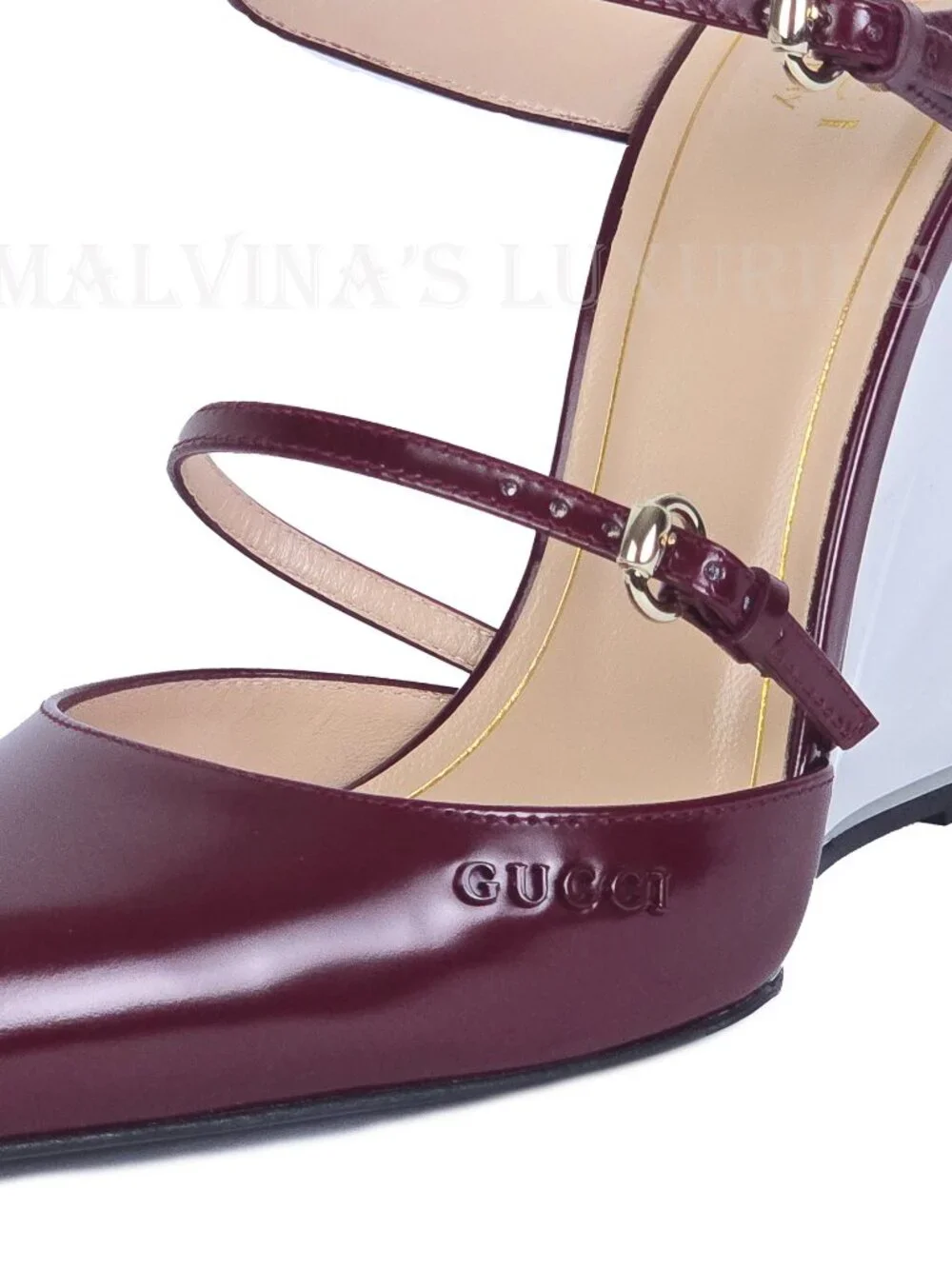 GUCCI SHOES LEATHER w LUCITE WEDGE MULES LOGO EMBOSSED  sz 38 8